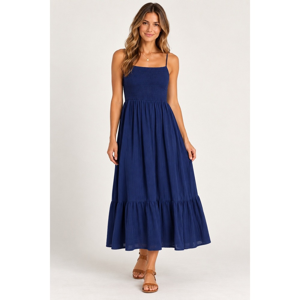 Steve Madden Navy Blue Cotton Gauze Smocked Tiered Maxi Dress BM18780K L NWT